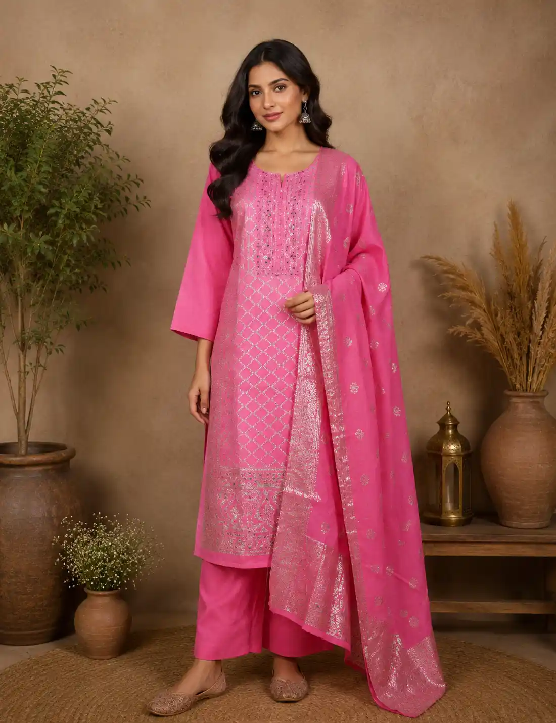 Cotton Candy Colour Zari Woven Silk Salwar Suit with Dupatta